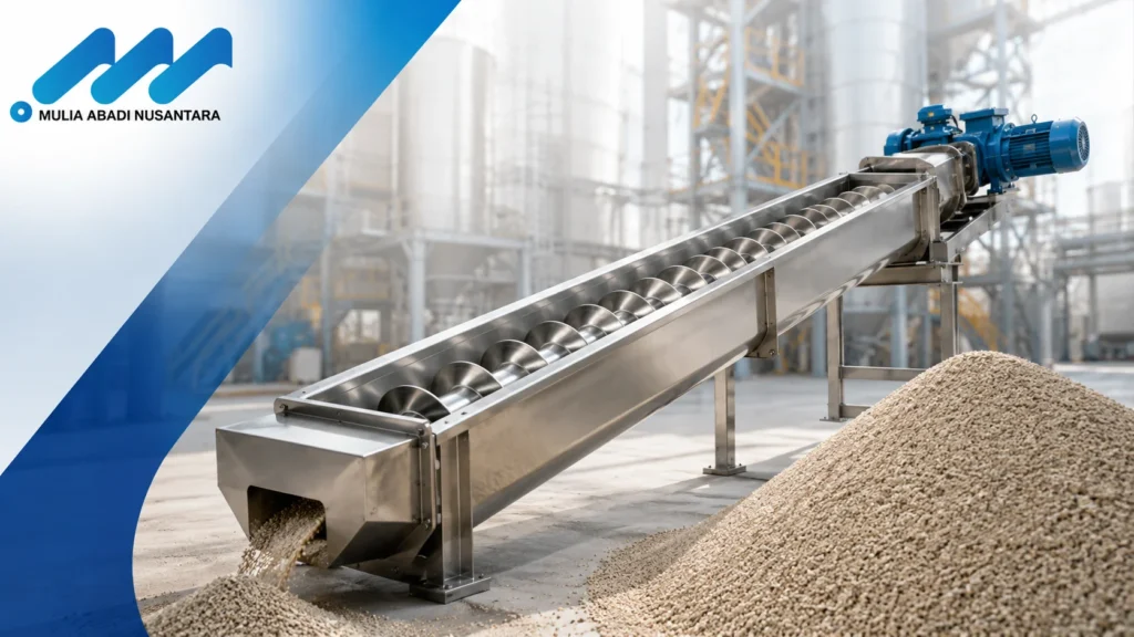 Ilustrasi screw conveyor stainless steel di area industri dengan logo Mulia Abadi Nusantara.