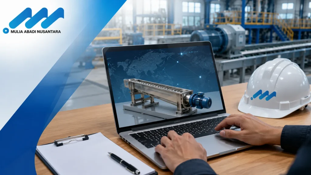 Ilustrasi akses pengadaan screw conveyor melalui platform digital dengan logo Mulia Abadi Nusantara.
