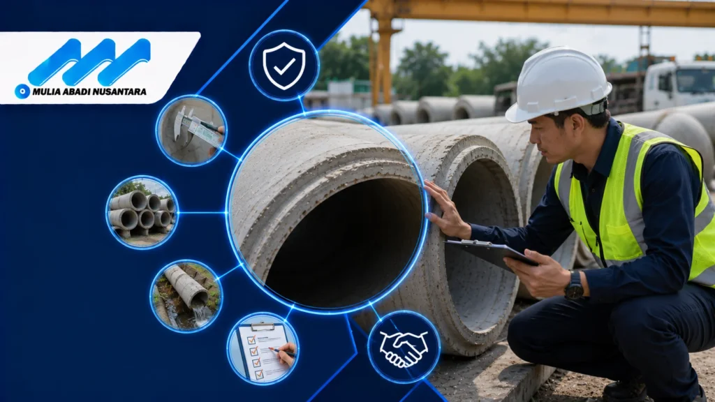 Inspeksi pipa asbestos cement untuk memastikan kualitas material, ukuran, ketahanan, dan kesesuaian dengan kebutuhan proyek infrastruktur.