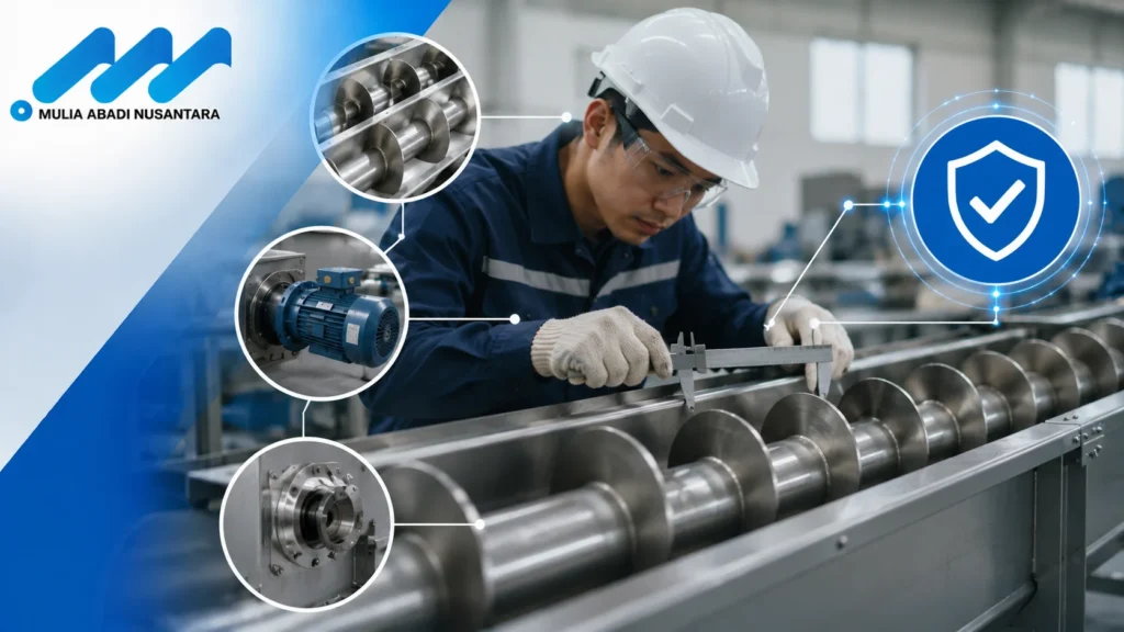 Teknisi industri melakukan inspeksi kualitas mesin screw conveyor dengan alat ukur presisi di area manufaktur