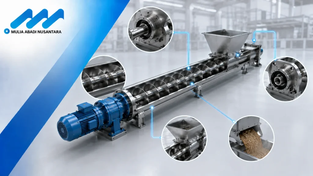 Screw conveyor industri dengan sorotan teknis pada komponen utama seperti motor, hopper, auger, dan sistem output material