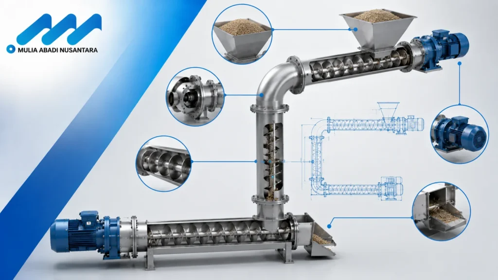 Diagram sistem screw conveyor industri yang menampilkan komponen utama dan alur perpindahan material