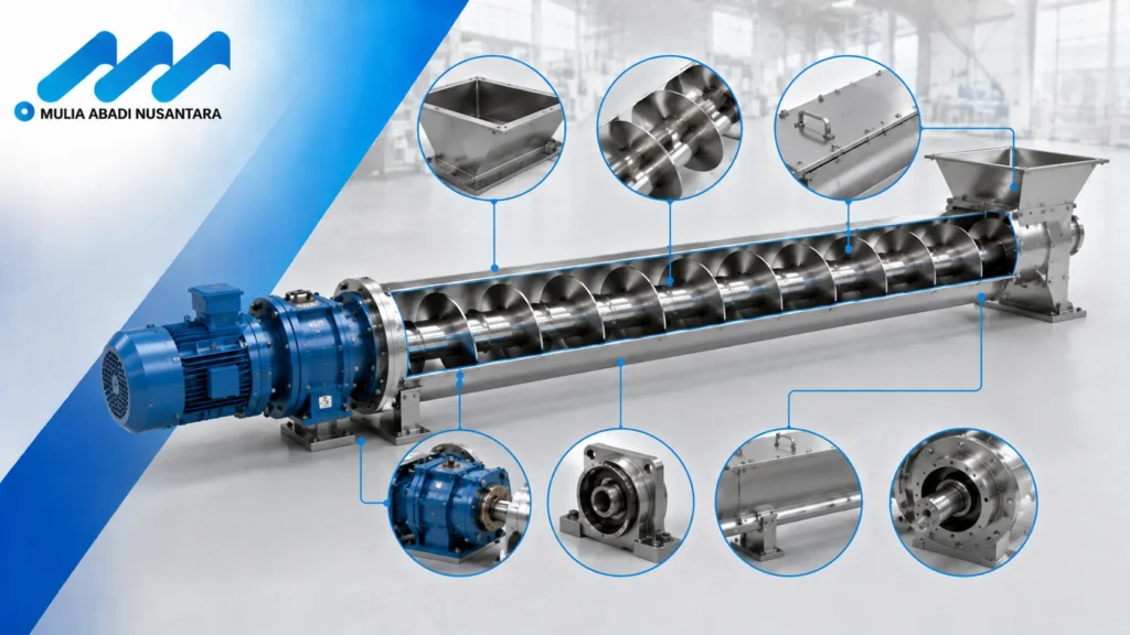 Screw conveyor industri dengan komponen utama seperti motor, auger, hopper, dan housing yang ditampilkan secara detail