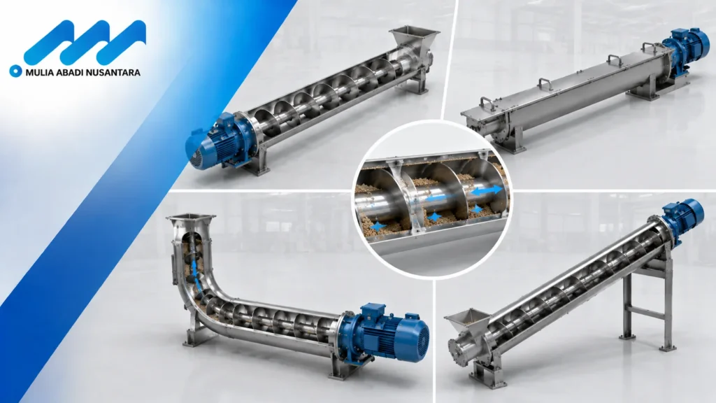 Berbagai jenis screw conveyor industri yang menampilkan desain horizontal, vertikal, dan miring beserta prinsip kerjanya