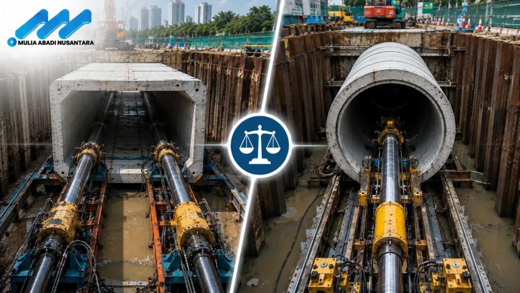 Perbandingan metode culvert jacking dan pipe jacking untuk proyek utilitas bawah tanah.