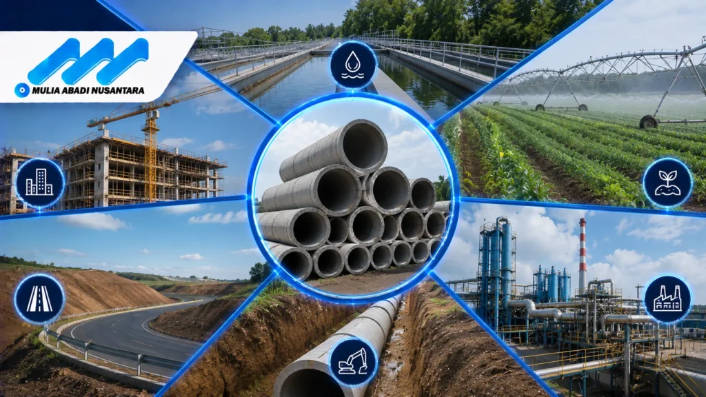 Penggunaan berbagai ukuran diameter pipa asbes pada sektor industri, konstruksi, irigasi, utilitas air, dan infrastruktur jalan.