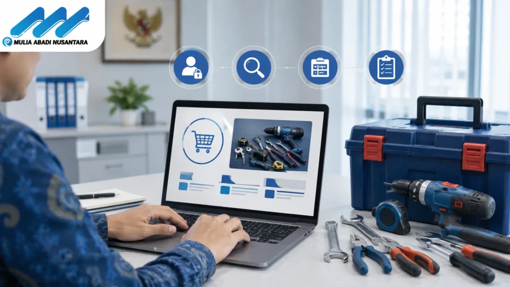 Pegawai mengakses INAPROC untuk pengadaan peralatan perkakas menggunakan laptop dengan toolbox dan alat kerja di meja.