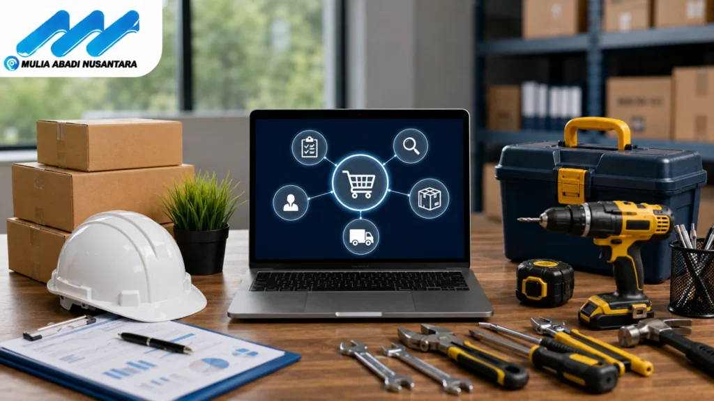 Panduan pengadaan peralatan perkakas melalui INAPROC Kabupaten Belitung dengan perlengkapan kerja, laptop, dan proses pengadaan digital bersama MULIA ABADI NUSANTARA.