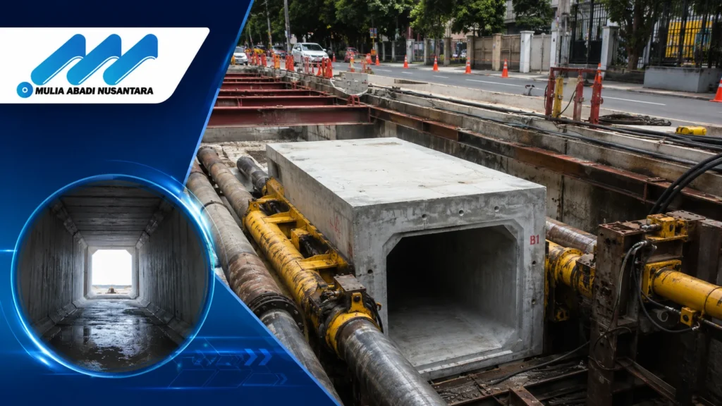 Metode culvert jacking menggunakan sistem dorong hidrolik untuk pemasangan box culvert tanpa penggalian terbuka yang luas.