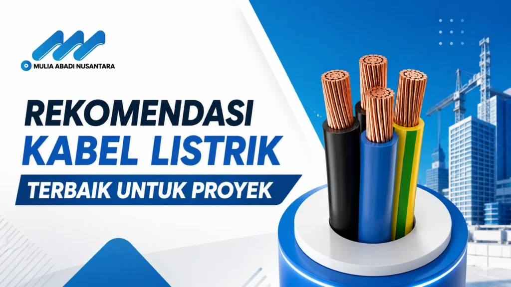 "Banner 16:9 bertema rekomendasi kabel listrik terbaik untuk proyek dengan ilustrasi kabel tembaga, latar konstruksi gedung modern, logo Mulia Abadi Nusantara, dan desain minimalis profesional."