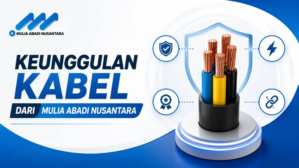"Banner minimalis bertema keunggulan kabel Mulia Abadi Nusantara dengan ilustrasi kabel tembaga, ikon keamanan dan kualitas, logo perusahaan, serta desain profesional bernuansa biru dalam format 16:9."