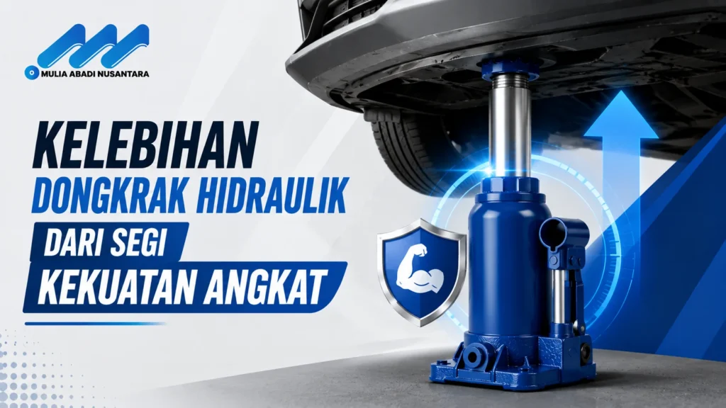 Banner kelebihan dongkrak hidraulik dengan ilustrasi dongkrak mengangkat mobil dan simbol kekuatan angkat.