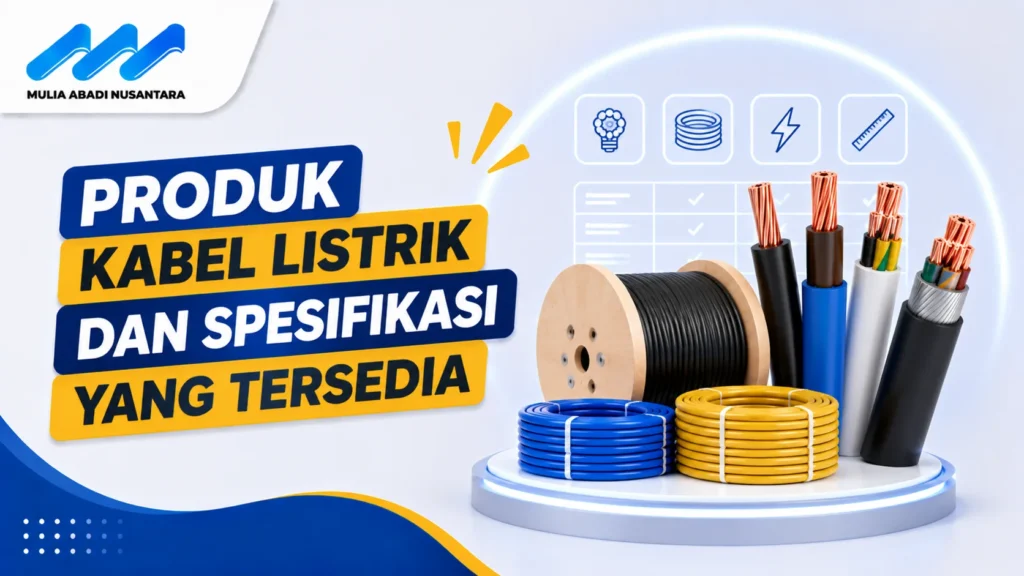 Banner produk kabel listrik dan spesifikasi yang tersedia dengan ilustrasi berbagai jenis kabel, gulungan kabel, dan ikon spesifikasi teknis.
