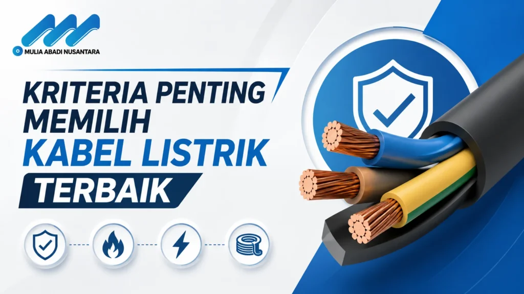 "Banner minimalis bertema kabel listrik terbaik dengan ilustrasi kabel tembaga, ikon keamanan listrik, logo Mulia Abadi Nusantara, dan judul 'Kriteria Penting Memilih Kabel Listrik Terbaik' dalam format 16:9."