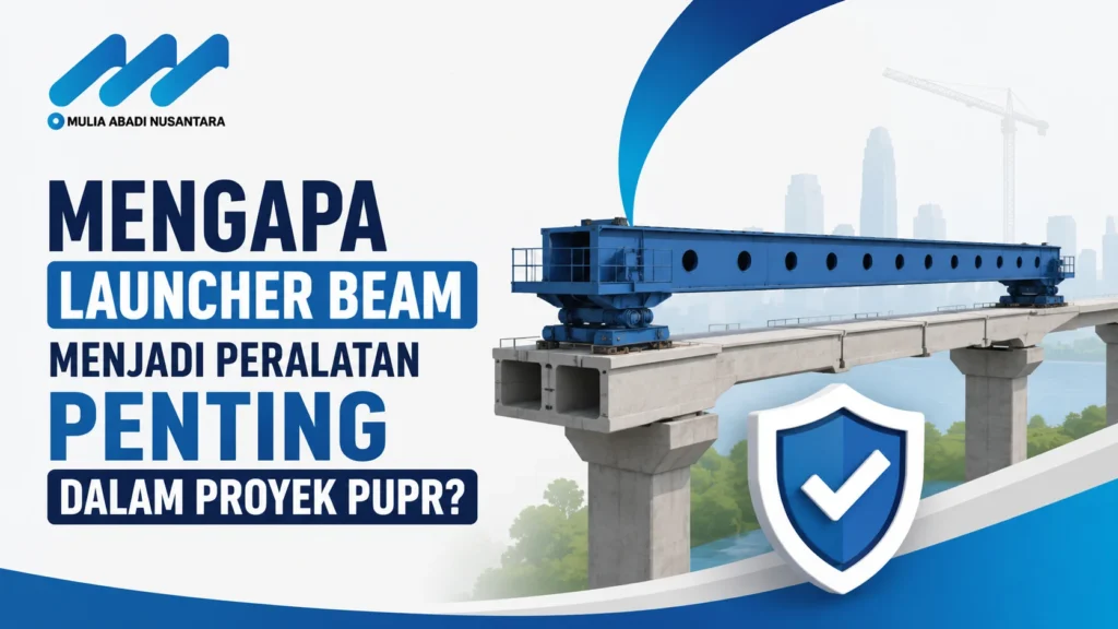 Banner launcher beam proyek PUPR dengan logo Mulia Abadi Nusantara, ilustrasi launcher beam di konstruksi jembatan, dan ikon perlindungan proyek.