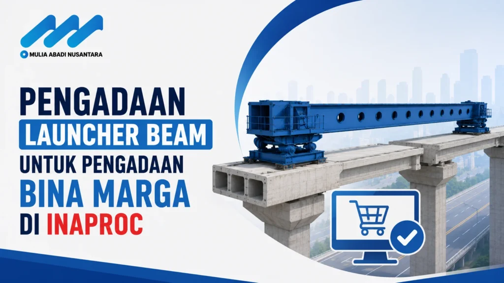 Banner pengadaan launcher beam Bina Marga di Inaproc dengan logo Mulia Abadi Nusantara, ilustrasi launcher beam pada konstruksi jembatan, dan ikon pengadaan digital.