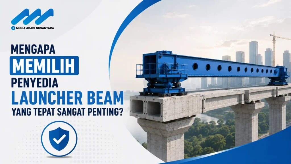Banner pemilihan penyedia launcher beam dengan logo Mulia Abadi Nusantara, ilustrasi launcher beam pada konstruksi jembatan, dan ikon perlindungan proyek.