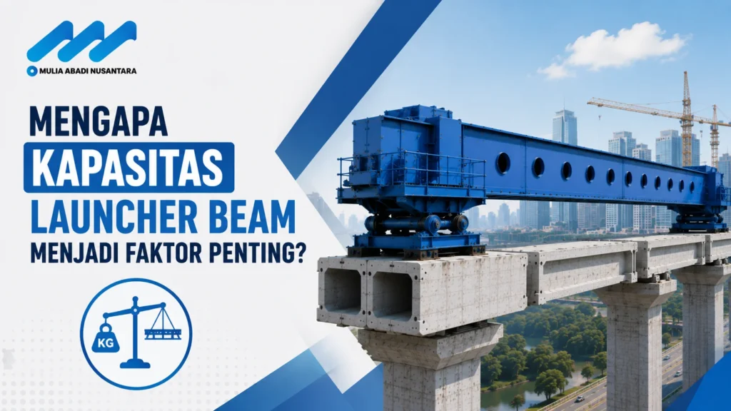 Banner kapasitas launcher beam dengan logo Mulia Abadi Nusantara, ilustrasi launcher beam pada konstruksi jembatan, dan ikon timbangan kapasitas angkat.