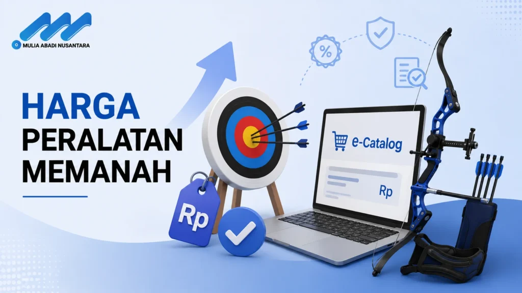Banner harga peralatan memanah dengan ilustrasi e-katalog, busur panahan, dan target.