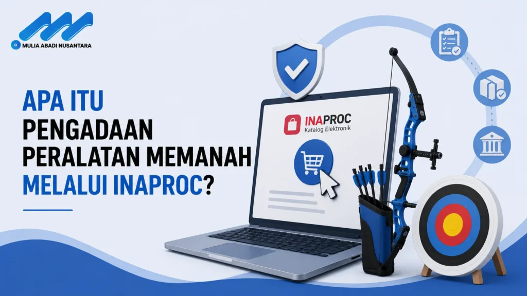 Banner pengadaan peralatan memanah melalui INAPROC dengan ilustrasi laptop, busur panah, dan target.