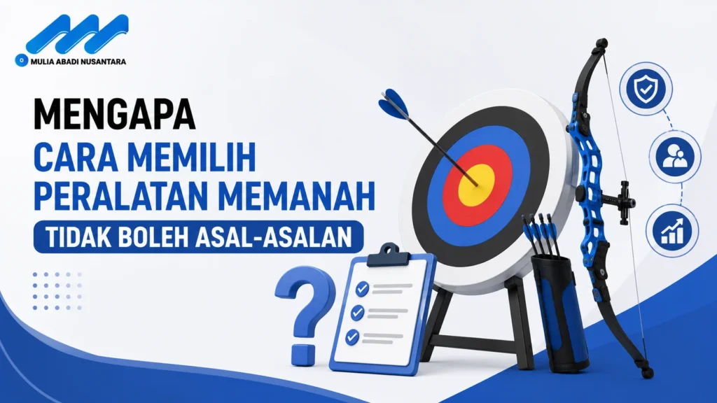 Banner pemilihan peralatan memanah dengan ilustrasi busur, target, dan checklist spesifikasi.