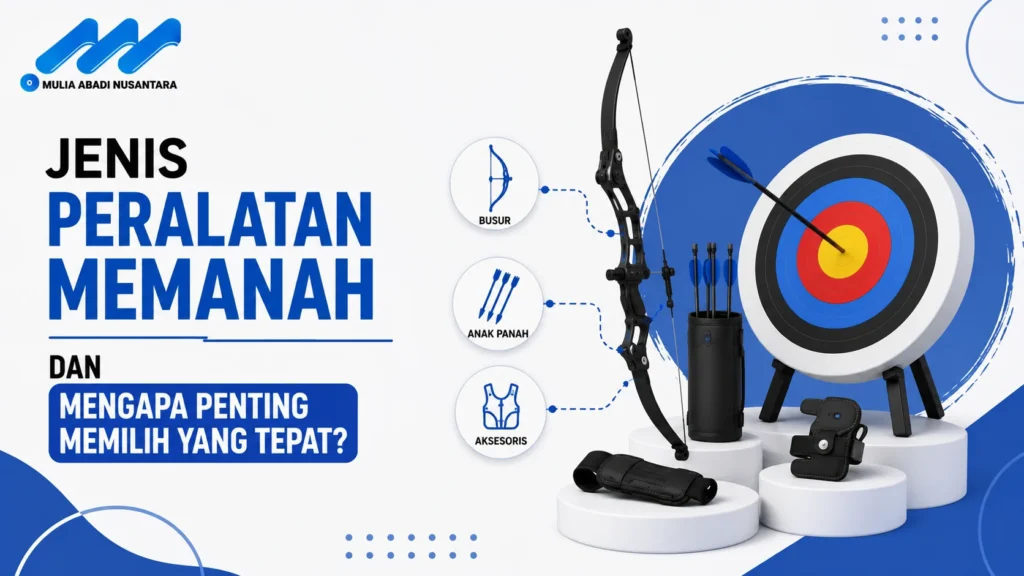 Banner jenis peralatan memanah dengan ilustrasi busur, anak panah, aksesori, dan target panahan.
