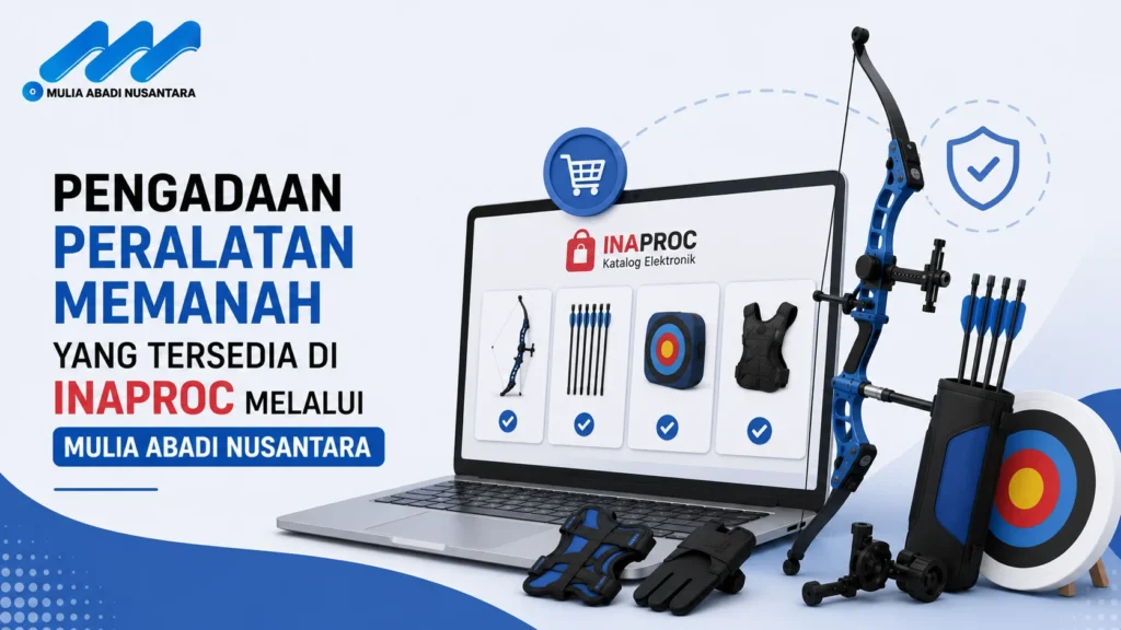 Banner pengadaan peralatan memanah di INAPROC dengan ilustrasi katalog digital, busur panah, dan perlengkapan memanah.