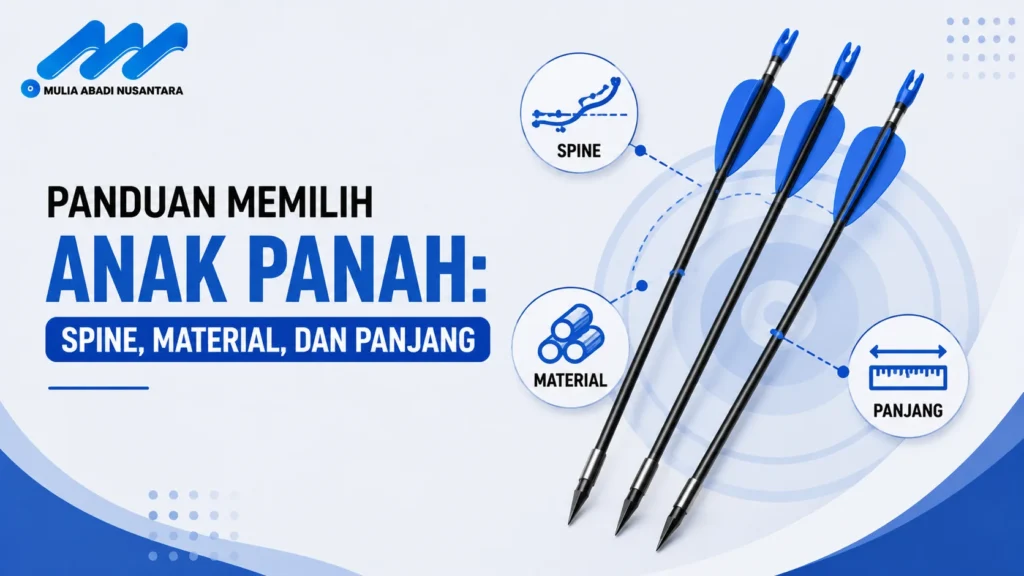 Banner panduan memilih anak panah dengan ilustrasi spine, material, dan panjang panah.