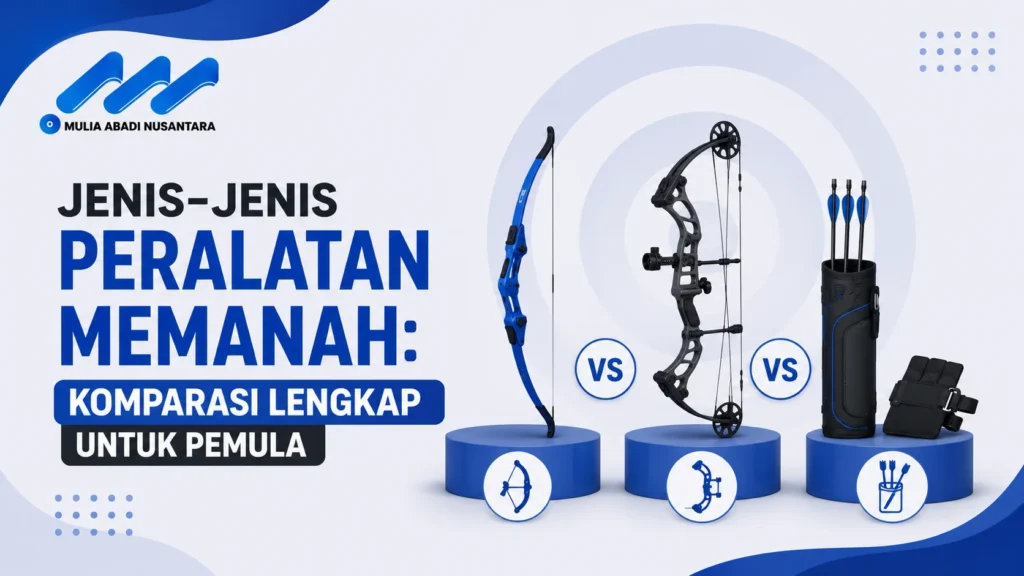 Banner komparasi jenis peralatan memanah untuk pemula dengan ilustrasi busur, anak panah, dan aksesori panahan.