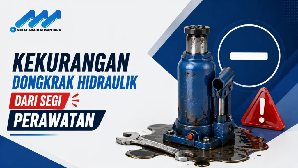 Banner kekurangan dongkrak hidraulik dengan ilustrasi dongkrak berkarat, oli bocor, dan simbol peringatan perawatan.