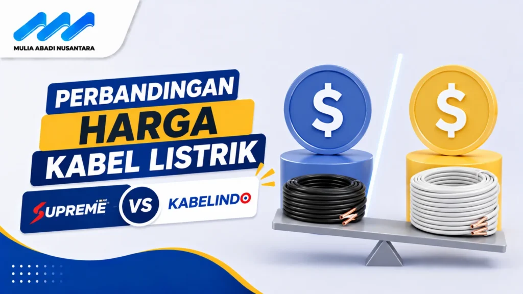 Banner perbandingan harga kabel listrik Supreme dan Kabelindo dengan ilustrasi gulungan kabel, simbol perbandingan, dan elemen harga untuk kebutuhan instalasi listrik.