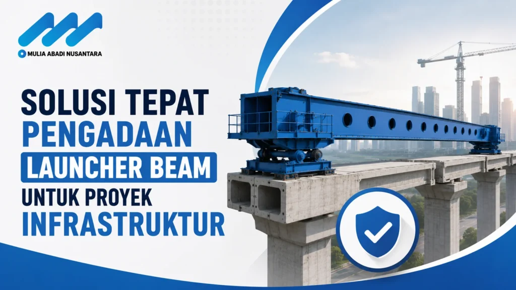 Banner solusi pengadaan launcher beam untuk proyek infrastruktur dengan logo Mulia Abadi Nusantara, ilustrasi launcher beam pada konstruksi jembatan, dan ikon perlindungan proyek.