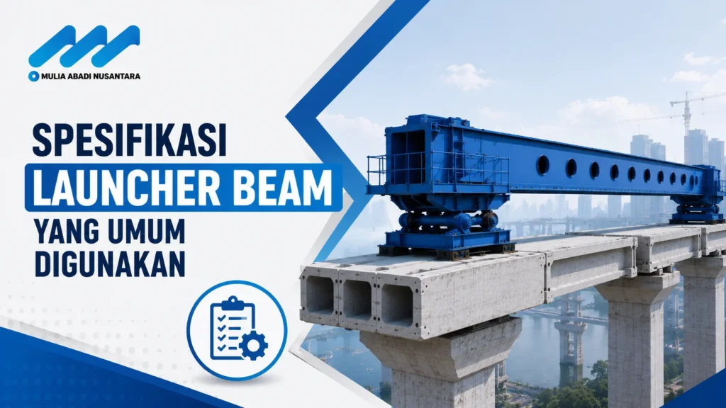 Banner spesifikasi launcher beam dengan logo Mulia Abadi Nusantara, ilustrasi launcher beam pada konstruksi jembatan, dan ikon checklist teknis.