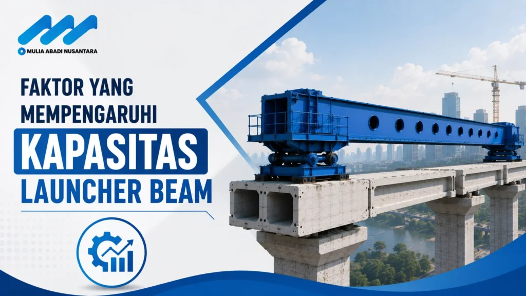 Banner faktor yang memengaruhi kapasitas launcher beam dengan logo Mulia Abadi Nusantara, ilustrasi launcher beam pada konstruksi jembatan, dan ikon grafik performa kapasitas.