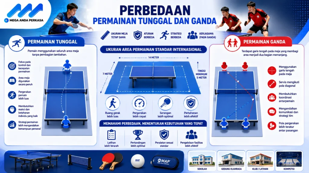 Banner perbedaan permainan tunggal dan ganda tenis meja dengan ilustrasi pemain, meja tenis, diagram area permainan, serta ikon strategi, koordinasi, dan standar lapangan dalam desain modern bernuansa biru.