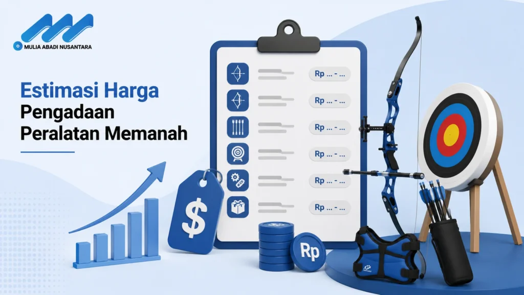 Banner estimasi harga peralatan memanah dengan ilustrasi busur, target panahan, dan daftar harga pengadaan.