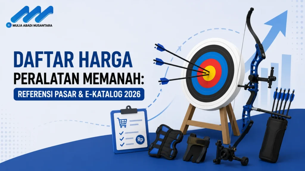 Banner daftar harga peralatan memanah dengan ilustrasi busur, target, dan referensi e-katalog 2026.