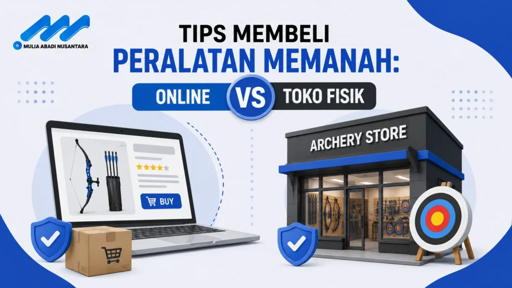 Banner tips membeli peralatan memanah dengan ilustrasi belanja online, toko fisik, dan perlengkapan panahan.