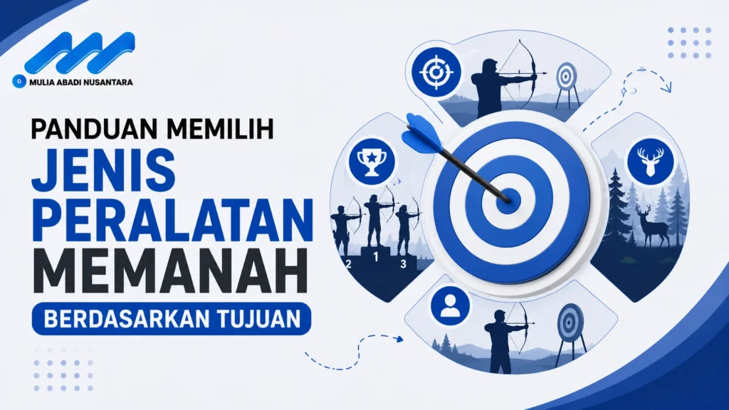 Banner panduan memilih jenis peralatan memanah berdasarkan tujuan dengan ilustrasi target, panahan kompetisi, latihan, dan berburu.