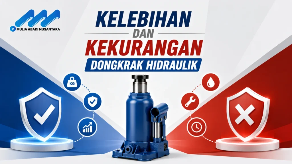 Banner kelebihan dan kekurangan dongkrak hidraulik dengan ilustrasi dongkrak serta simbol centang dan silang.