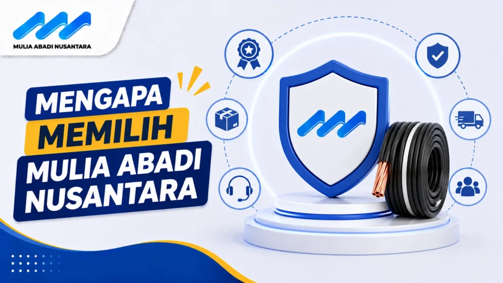 Banner Mengapa Memilih Mulia Abadi Nusantara dengan ilustrasi gulungan kabel listrik, simbol perlindungan, layanan profesional, dan jaminan kualitas produk.
