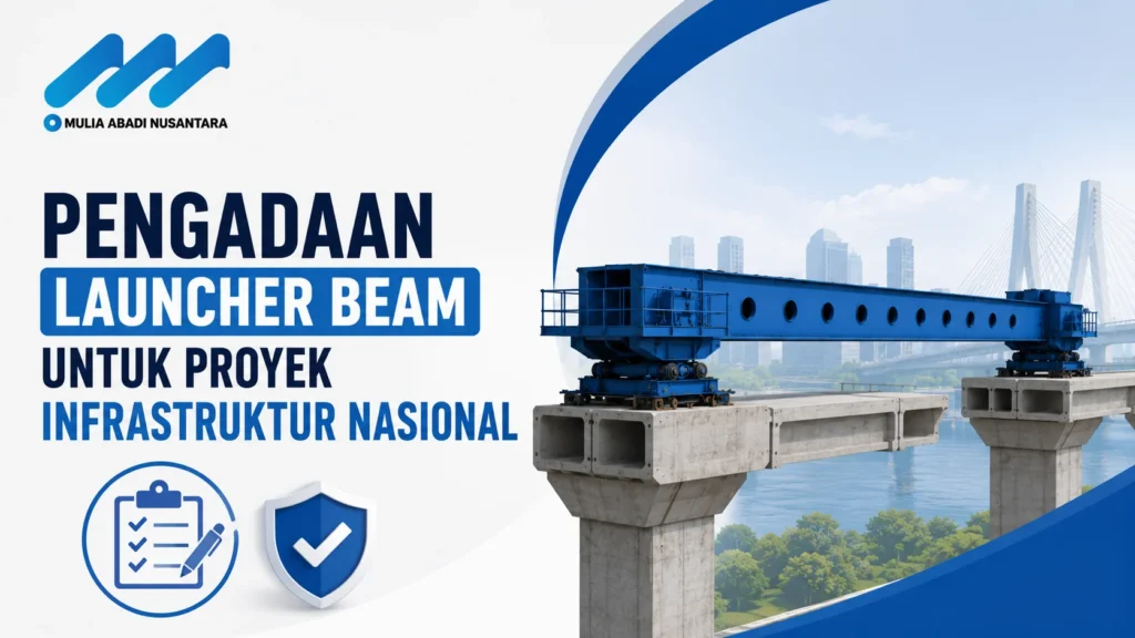 Banner pengadaan launcher beam untuk proyek infrastruktur nasional dengan logo Mulia Abadi Nusantara, ilustrasi launcher beam di konstruksi jembatan, serta ikon checklist dan perlindungan proyek.