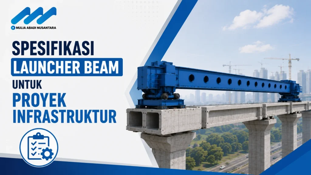 Banner spesifikasi launcher beam untuk proyek infrastruktur dengan logo Mulia Abadi Nusantara, ilustrasi launcher beam di atas konstruksi jembatan, dan ikon checklist teknis.