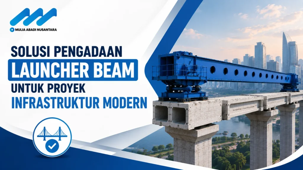 Banner solusi pengadaan launcher beam untuk proyek infrastruktur modern dengan logo Mulia Abadi Nusantara, ilustrasi launcher beam pada konstruksi jembatan, dan ikon solusi proyek.