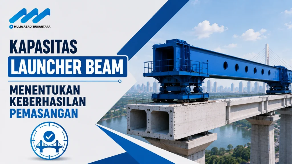 Banner kapasitas launcher beam untuk pemasangan konstruksi dengan logo Mulia Abadi Nusantara, ilustrasi launcher beam pada jembatan, dan ikon grafik pertumbuhan kapasitas.