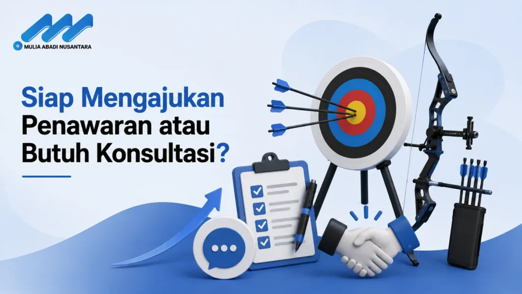 Banner konsultasi pengadaan peralatan memanah dengan ilustrasi target, busur, dan kerja sama vendor.