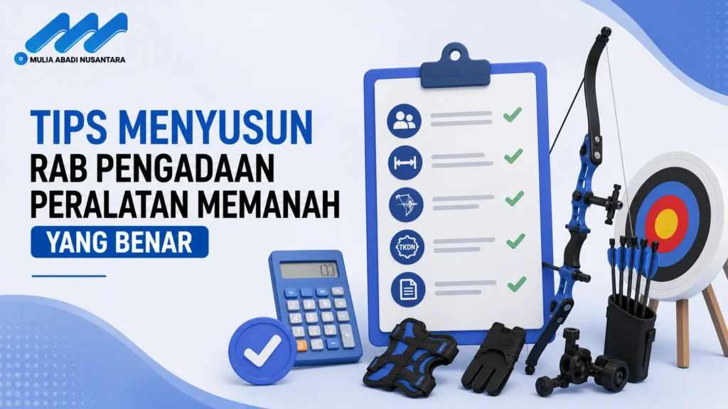 Banner tips menyusun RAB pengadaan peralatan memanah dengan ilustrasi checklist, busur, dan target panahan.