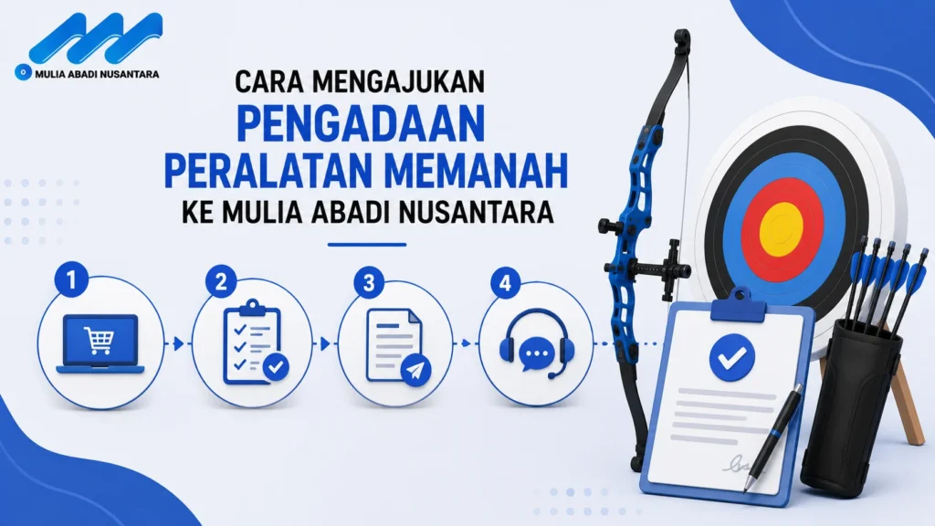 Banner panduan pengadaan peralatan memanah dengan ilustrasi proses pengajuan, dokumen, dan perlengkapan panahan.