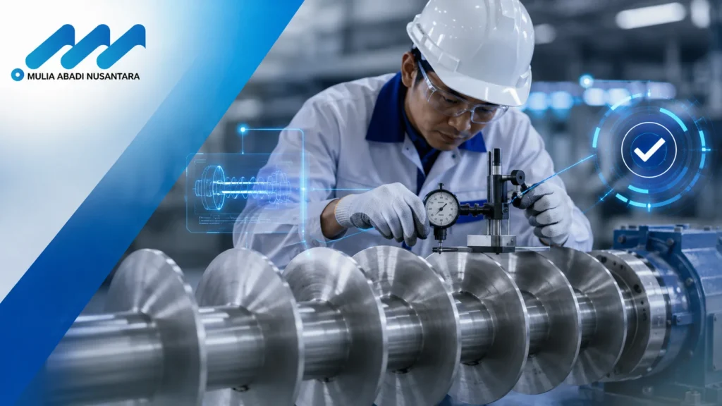 Teknisi industri memeriksa kualitas screw conveyor dengan alat ukur presisi di pabrik modern