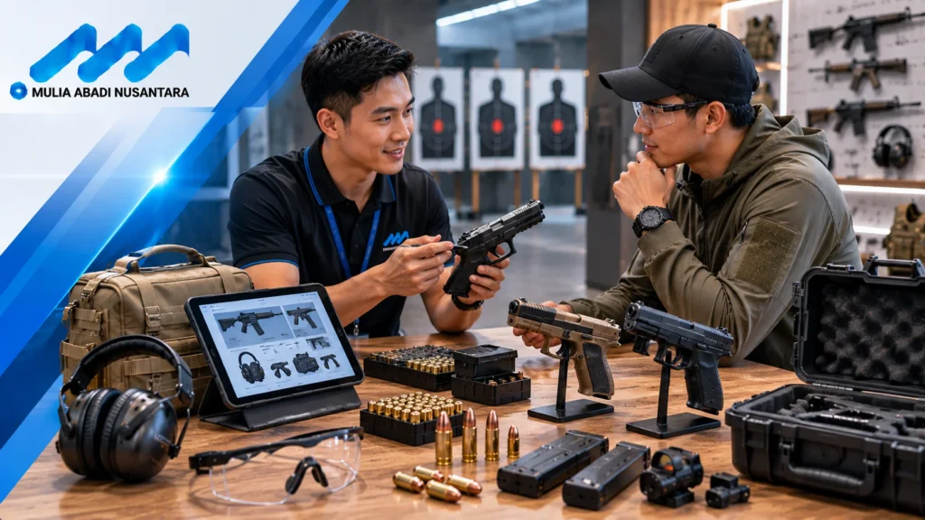 Konsultasi kebutuhan perlengkapan menembak antara klien dan konsultan dengan berbagai gear profesional di showroom